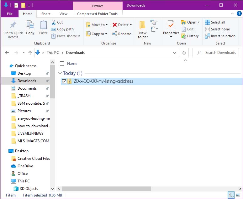 windows explorer showing a zipped file