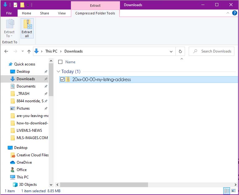 windows explorer showing a zipped file